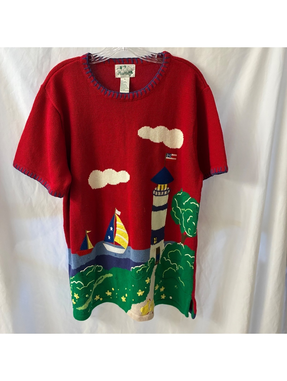 Vintage The Quacker Factory Womans  Red Knit Nautical Short Sleeve Sweater Sz XL